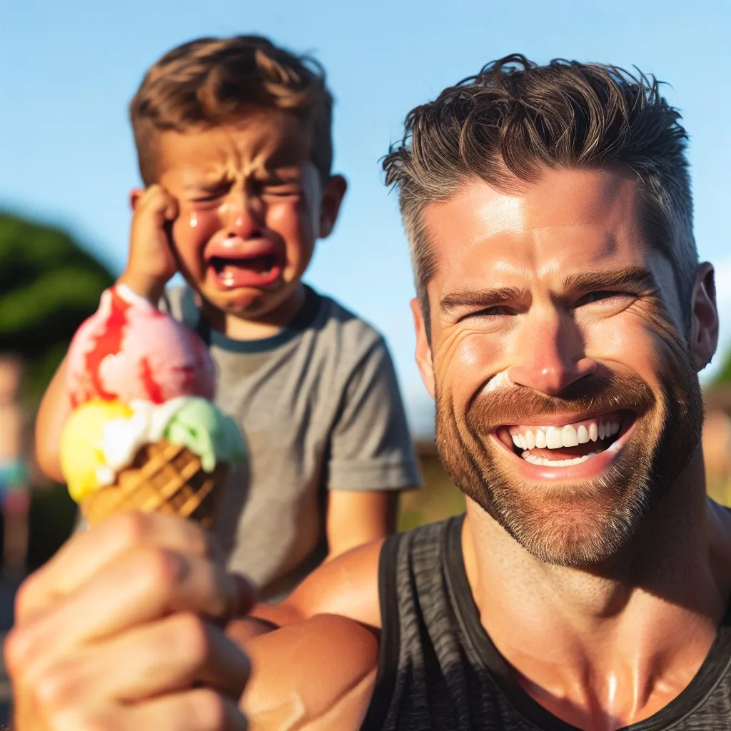 Prompt: strong man smiling while holding icecream cone with kid crying behind him