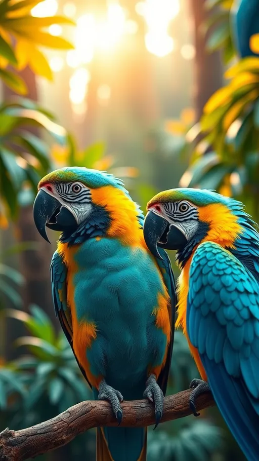 Prompt: Intricate rainforest, close-up of beautiful blue and yellow parrots in the forest, sunrise light, volumetric lighting,photo, photography, soft light,best quality,high quality,high detail,16k,HD, 1080P, high quality,detailed decoration, Crazy details,Ultra HD picture quality