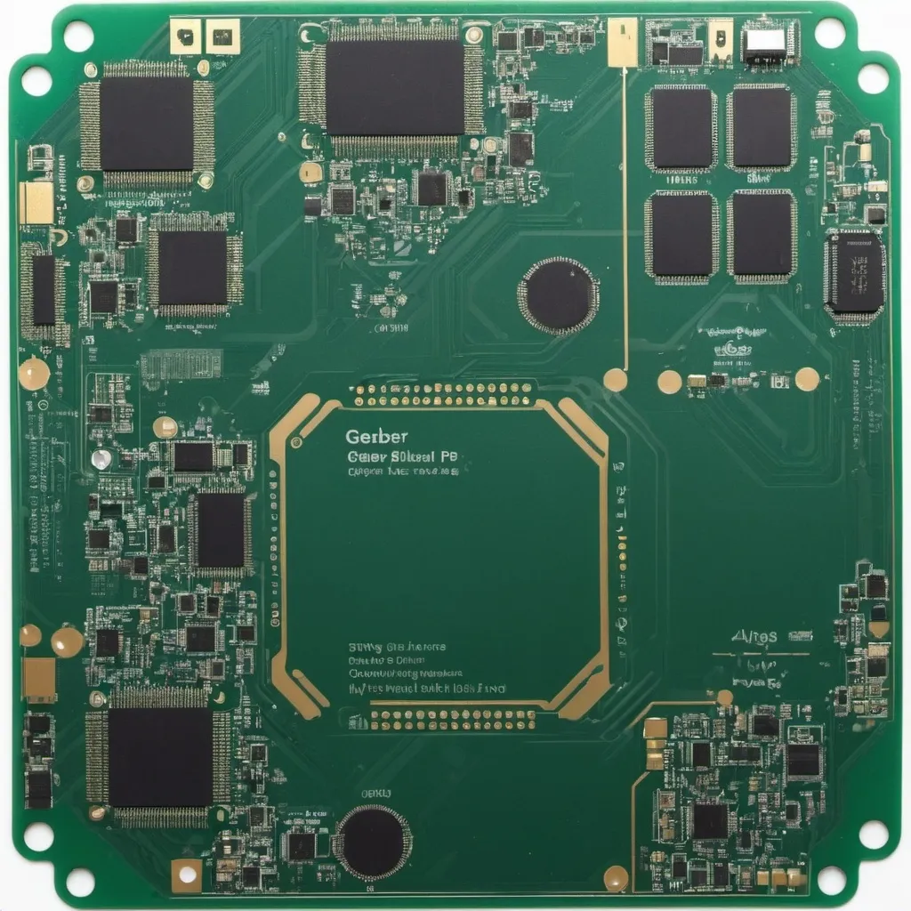 Prompt: Create an image of a detailed Gerber file for a drone control module PCB. The board should include several key components: a microcontroller unit (MCU), an inertial measurement unit (IMU), motor driver circuits, power management components, and various connectors for sensors and actuators. The PCB layout should show traces, vias, pads, and silkscreen labels. The overall design should reflect professional PCB design practices, with clear differentiation between top and bottom layers, ground planes, and signal routing. The image should be highly detailed, capturing the complexity and precision of the PCB design