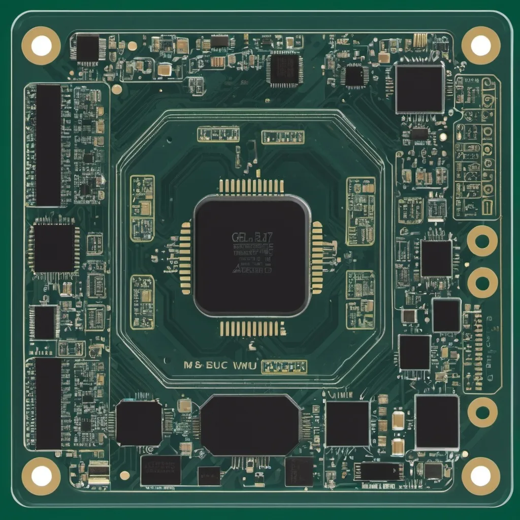 Prompt: Create an image of a detailed Gerber file for a drone control module PCB. The board should include several key components: a microcontroller unit (MCU), an inertial measurement unit (IMU), motor driver circuits, power management components, and various connectors for sensors and actuators. The PCB layout should show traces, vias, pads, and silkscreen labels. The overall design should reflect professional PCB design practices, with clear differentiation between top and bottom layers, ground planes, and signal routing. The image should be highly detailed, capturing the complexity and precision of the PCB design