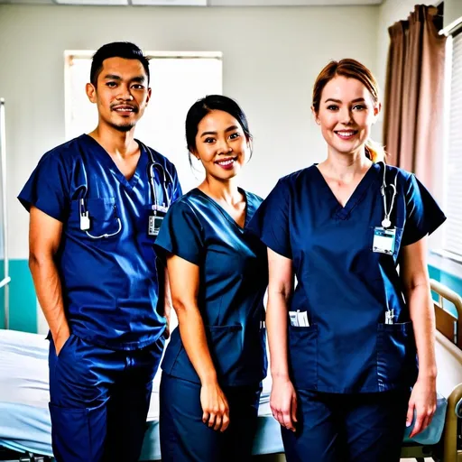 Prompt: One Indonesian male and one Australian female registered nurses wearing navy blue scrubs standing in front of a hospital bed