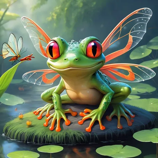 Prompt: Can you create a beautiful picture of a dragon fly and frog 

