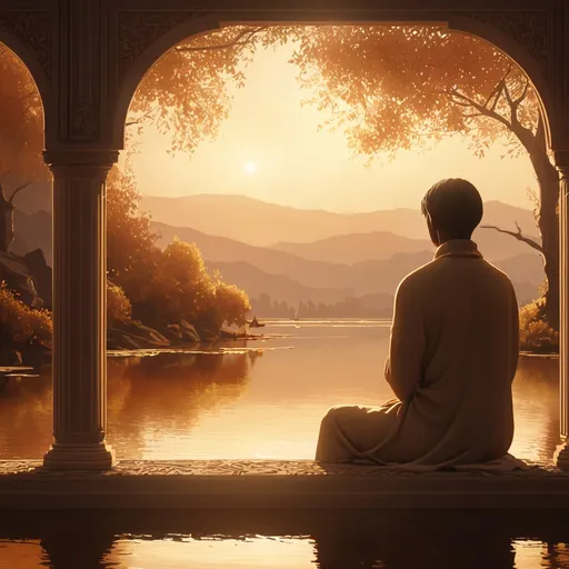 Prompt: (sitting figure contemplating an event in the distance), (thoughtful expression), serene background, gentle lighting, dynamic composition, intricate details in surroundings, warm color tones, a tranquil atmosphere, focusing on deep reflection, peaceful ambiance, (high-quality ultra-detailed) scene, (4K) resolution, emotional depth.