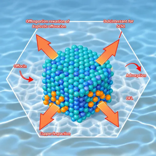 Prompt: "A clean, modern, and scientific graphical abstract illustration depicting a mesoporous CuCo-Al-MCM-41 structure adsorbing ofloxacin (OFL) antibiotic molecules from an aqueous solution. The design features a hexagonal mesoporous framework with copper (Cu) and cobalt (Co) ions integrated into an Al-MCM-41 matrix, visually represented by distinct metallic blue (Cu) and green (Co) dots within a porous silica structure (light gray). Show ofloxacin molecules (in orange) being captured by the pores, with arrows indicating adsorption. Include a background of water waves (soft blue) to represent the aqueous environment. Highlight key data: '90.77% removal efficiency' and '588 mg/g capacity' as text annotations. Use a minimalistic, high-resolution style suitable for a scientific journal, with a focus on clarity and visual appeal."