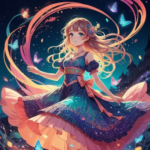 Prompt: High quality, detailed anime illustration of a girl playing, vibrant colors, fantasy setting, flowing dress with intricate patterns, magical glowing accessories, whimsical and dreamy atmosphere, colorful lighting, anime, fantasy, vibrant colors, detailed flowing dress, magical accessories, whimsical, dreamy, vibrant lighting, high quality