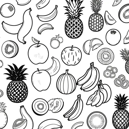 Prompt: Black and white coloring page of various fruits, high quality, detailed shading, minimalistic, ink drawing, apple, banana, orange, strawberry, pineapple, watermelon, textured peel, intricate patterns, varying sizes, classic, clean lines, monochrome, black and white, high contrast shading, coloring page, minimalistic design