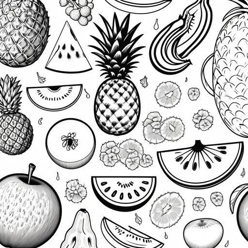 Prompt: Black and white coloring page of various fruits, high quality, detailed shading, minimalistic, ink drawing, apple, banana, orange, strawberry, pineapple, watermelon, textured peel, intricate patterns, varying sizes, classic, clean lines, monochrome, black and white, high contrast shading, coloring page, minimalistic design