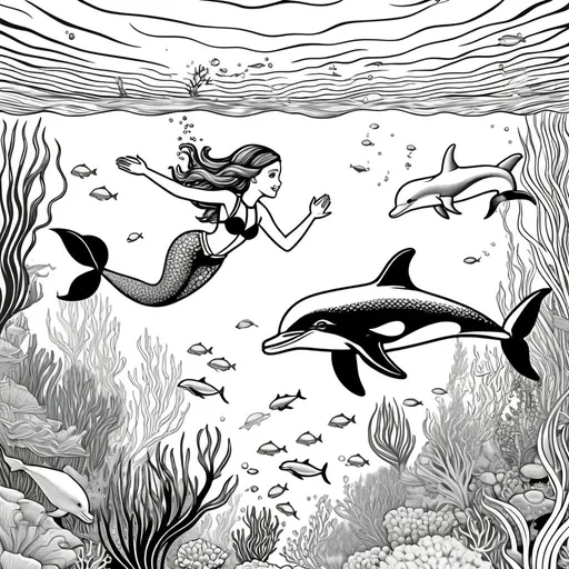Prompt: B&W coloring book for toddlers  illustration of a serene underwater world, graceful mermaids, curious scuba diver, playful dolphins, intricate line art, high contrast shading, detailed ocean floor, vintage coloring book style, charming and whimsical, black and white, serene, enchanting, detailed characters, underwater, vintage, coloring book, playful, intricate line art, high contrast shading