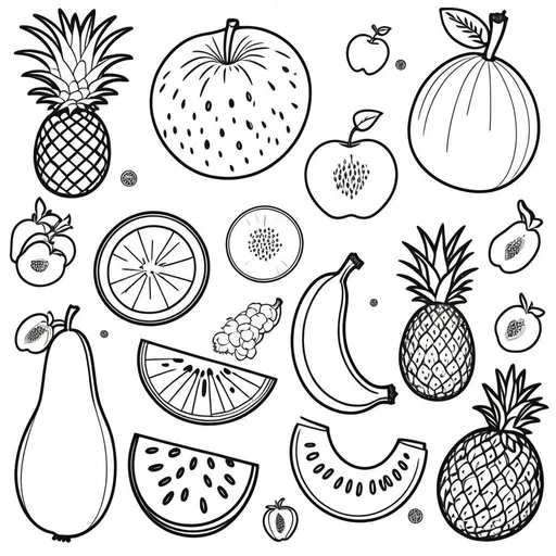 Prompt: Black and white coloring page of various fruits, high quality, detailed shading, minimalistic, ink drawing, apple, banana, orange, strawberry, pineapple, watermelon, textured peel, intricate patterns, varying sizes, classic, clean lines, monochrome, black and white, high contrast shading, coloring page, minimalistic design