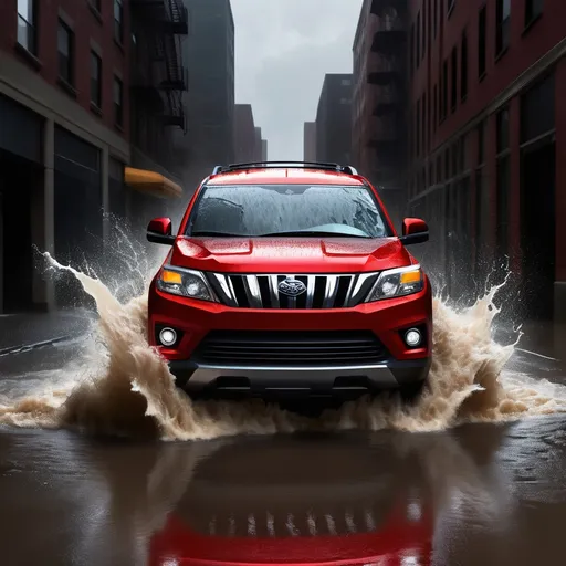 Prompt: Red sport utility vehicle coming out from flooded water on city street. Stormy and bad weather.