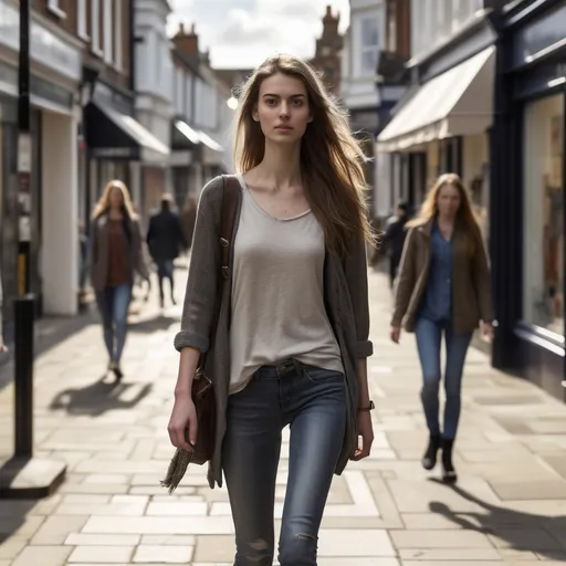 Prompt: Tall young woman walking down the high street, detailed clothing, realistic, natural lighting