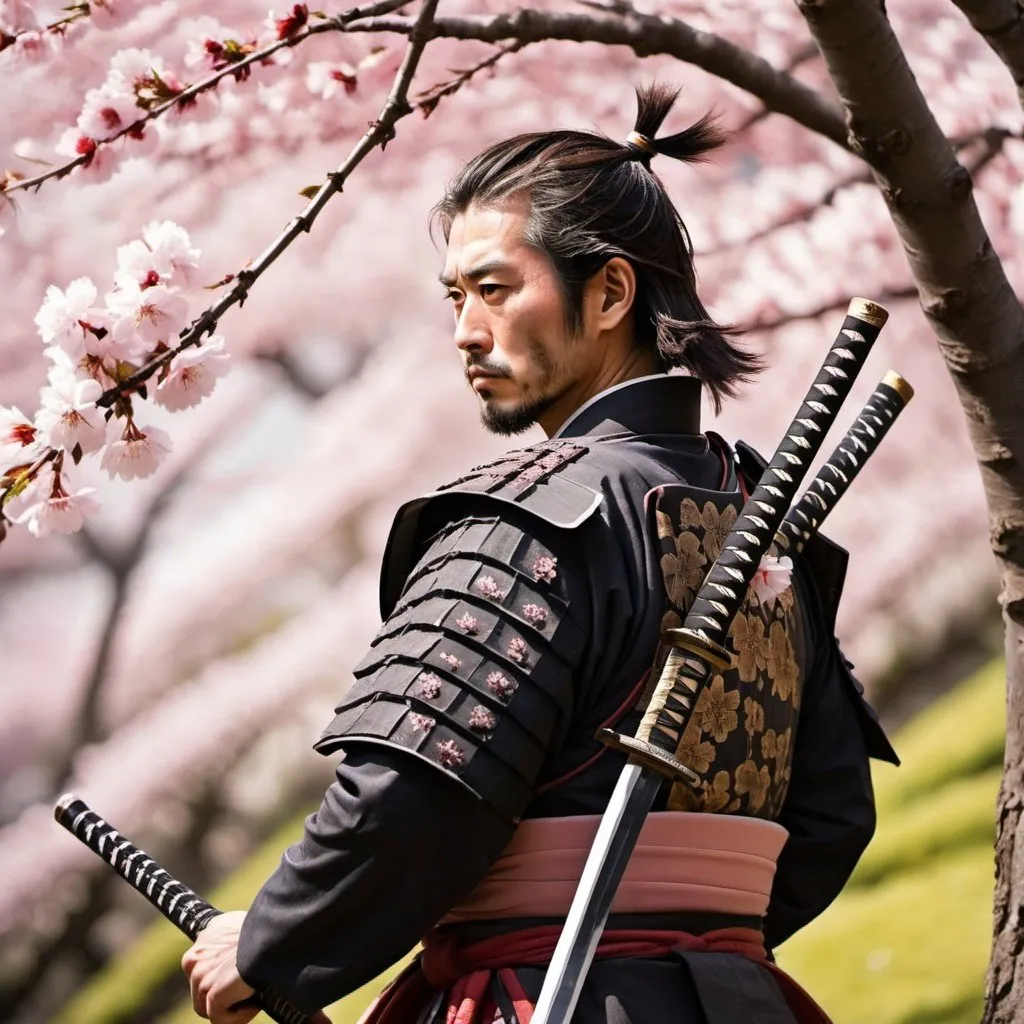 Prompt: a pensive samurai warrior standing in front of a Japanese cherry tree without his helmet on and holding his sword on his shoulder