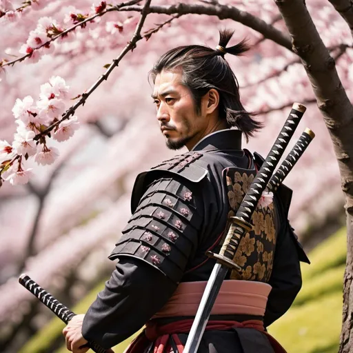 Prompt: a pensive samurai warrior standing in front of a Japanese cherry tree without his helmet on and holding his sword on his shoulder