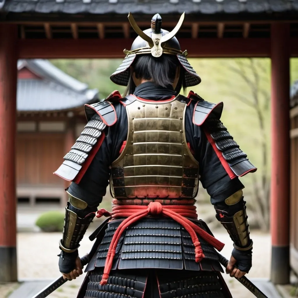 Prompt: samurai warrior in full armor viewed directly from behind