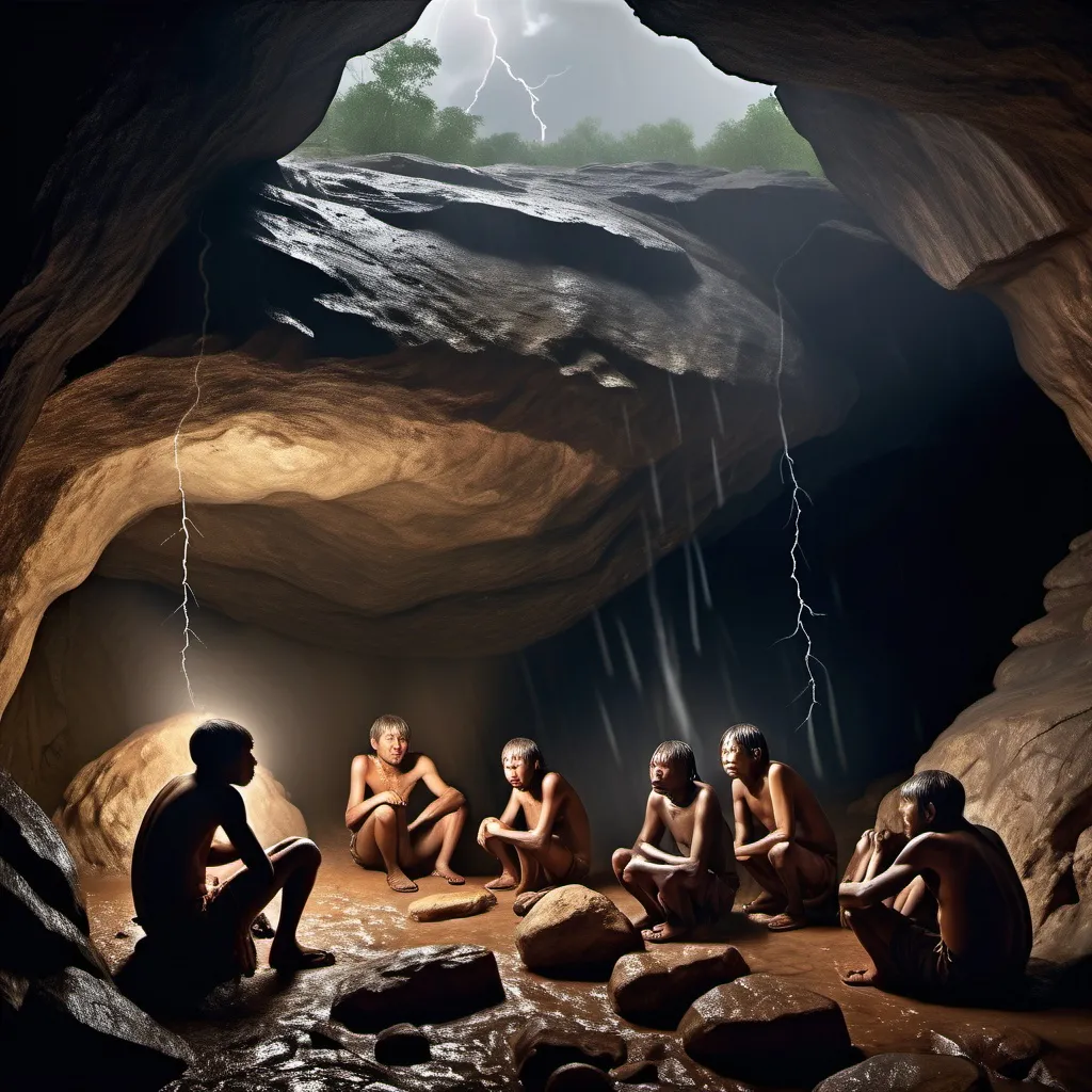 Prompt: A group of primitive people take shelter from a thunderstorm in a cave