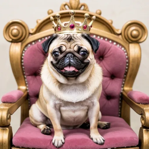 Prompt: princess pug on a throne smiling
