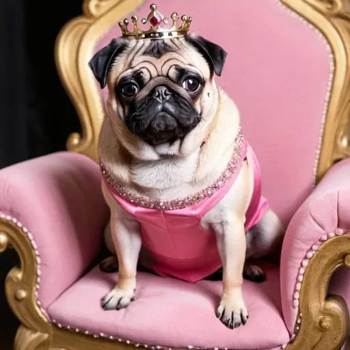 Prompt: princess pug in a pink dress on a throne smiling