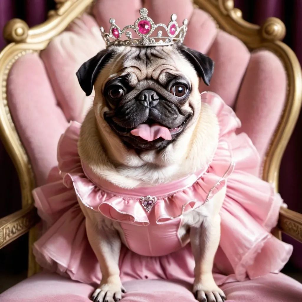 Prompt: smiling pug in a pink ruffly dress and tiara on a throne