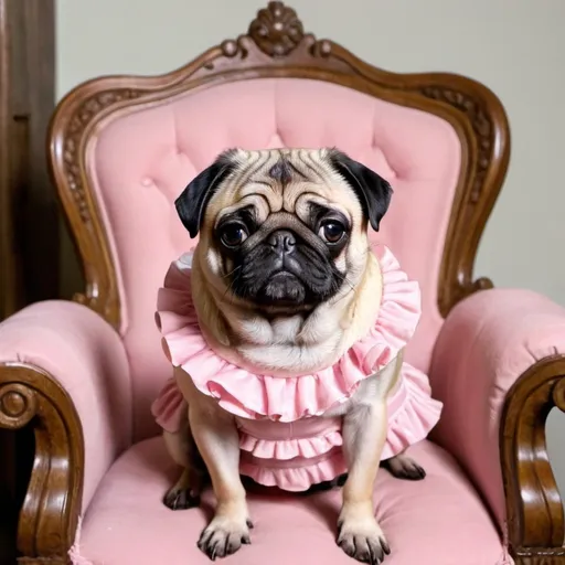 Prompt: happy princess pug in a ruffle pink dress on a throne looking to the side a bit