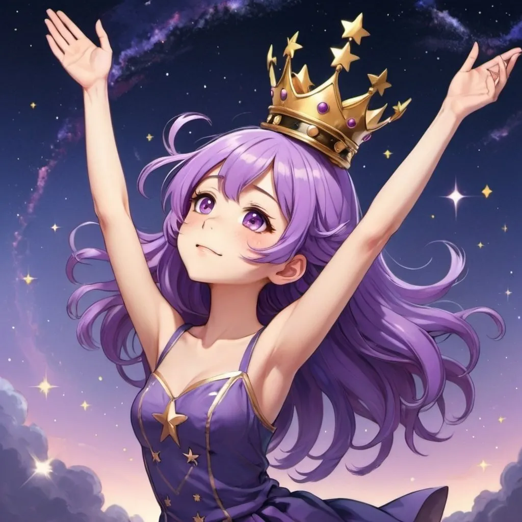 Prompt: Anime girl with purple hair reaching for the stars with a crown on