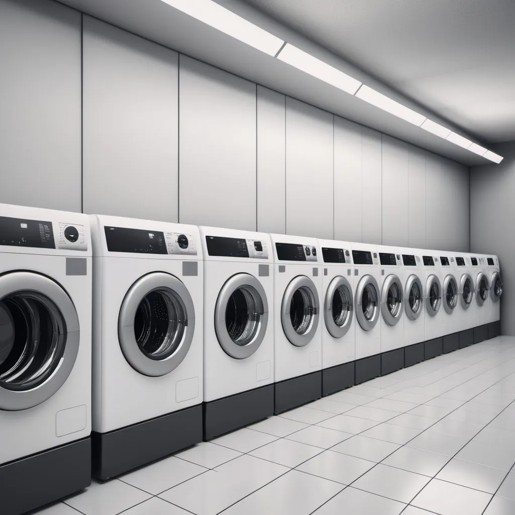 Prompt: a row of washing machines sitting next to each other on a shelf in a store or store front view, Doug Ohlson, synchromism, unreal engine highly rendered, a stock photo