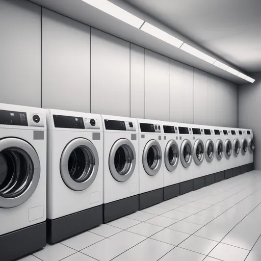 Prompt: a row of washing machines sitting next to each other on a shelf in a store or store front view, Doug Ohlson, synchromism, unreal engine highly rendered, a stock photo