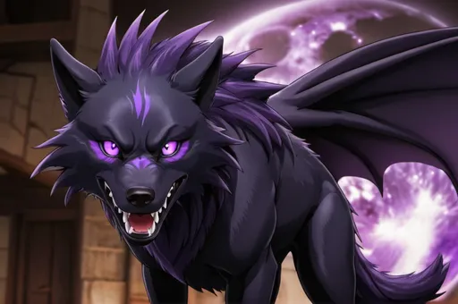 Prompt: Black wolf and purple dragon Hybrid anime 