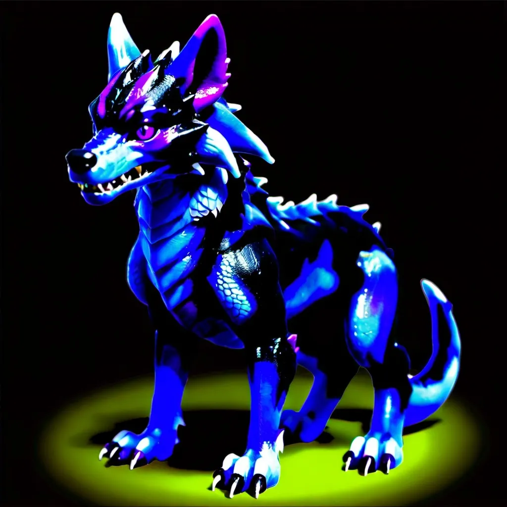 Prompt: Realistic Black and Purple Dragon wolf Hybrid pet