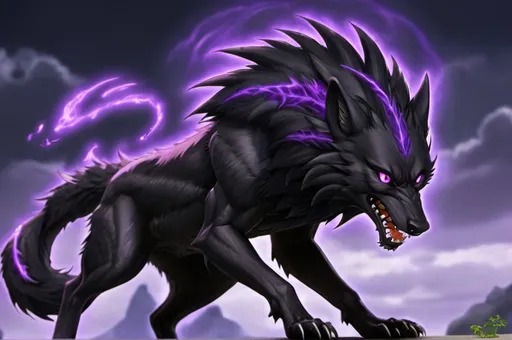 Prompt: Black wolf and purple dragon Hybrid anime 