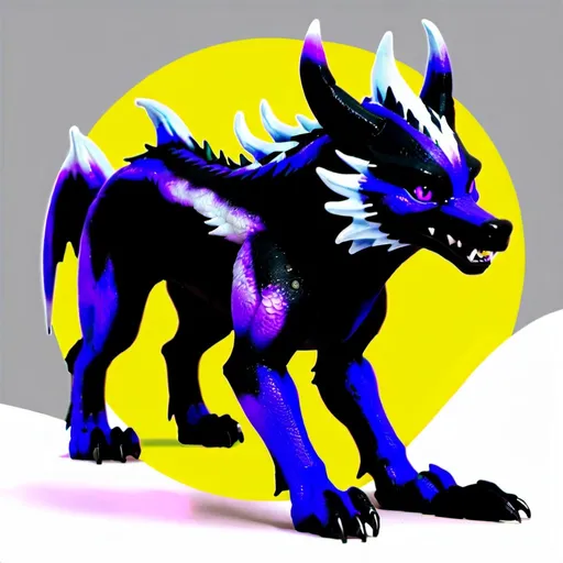 Prompt: Realistic Black and Purple Dragon wolf Hybrid pet