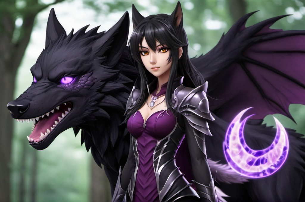 Prompt: Female human Black wolf and purple dragon Hybrid anime 