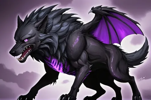 Prompt: Black wolf and purple dragon Hybrid anime 