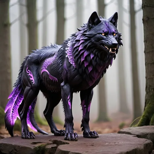 Prompt: Black Wolf mixed with a Purple Dragon