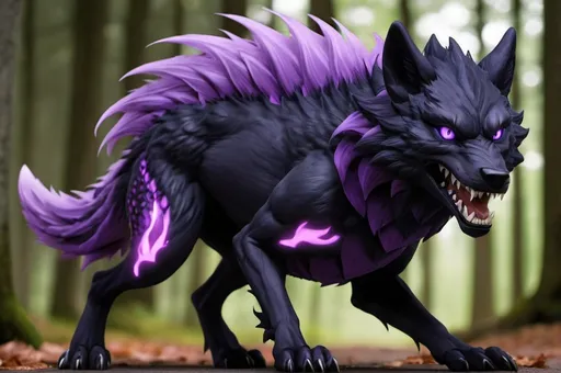 Prompt: Black wolf and purple dragon Hybrid anime 