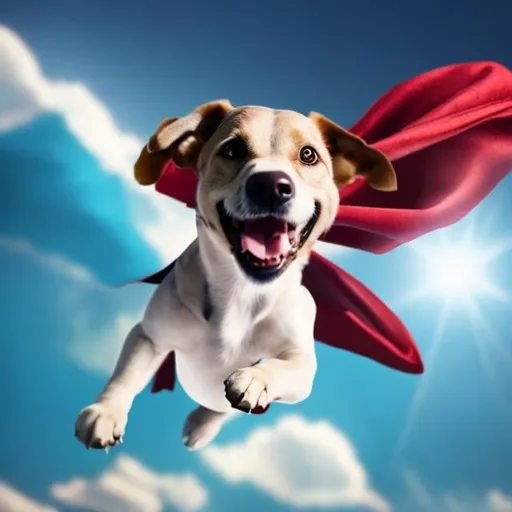 Prompt: A dog flying trough the sky with a superhero cape