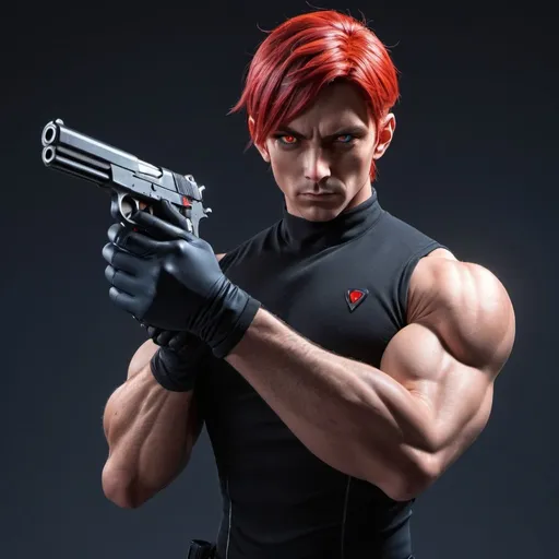 Prompt: 1 man, a 3D anime  with 2-tone colored hair blue and red hair, 3D anime art, a 3d anime drawing, dull eyes, fiery red eyes, tall man, high quality, muscle body, hands in front with gun, wears like James Bond, black pupils, nightfall,
black gloves.