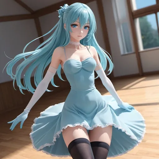 Prompt: 1 girl, a 3D anime girl with long multi-colored hair, 3D anime art, a 3d anime drawing, dull eyes, aqua eyes, tall woman, high quality, thin body, hands in front, black thigh-highs, bright pupils, blue gown clothes, daylight, white gloves, preparing for a dance