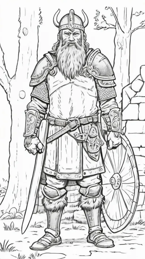 Prompt: A viking in armour, outline art, line art, colouring book.