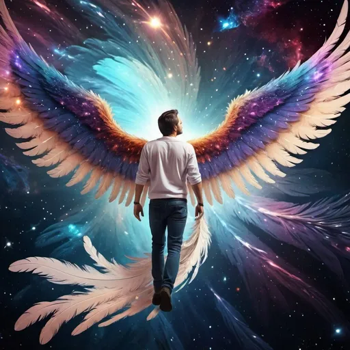 Prompt: Man with majestic wings flying in space, digital art, cosmic background, galaxy scenery, high quality, detailed feathers, surreal, space, majestic wings, cosmic colors, ethereal lighting