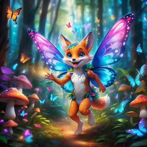 Prompt: foxmorph child with stunning blue markings, running joyfully through a vibrant forest, filled with a rich variety of colorful mushrooms and fluttering butterflies, glowing with enchanted, rainbow lighting. Lush foliage surrounds the scene, creating a magical atmosphere. High detail, whimsical vibe, ultra-detailed, vivid colors, lively ambiance.