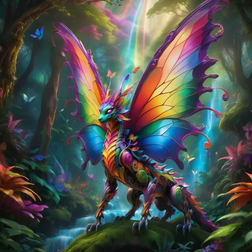 Prompt: Mechanized butterfly dragon, soaring gracefully through a lush, vibrant fantasy forest, covered in intense and varied colors, illuminated by cascading rainbow lighting; rich foliage creates a mesmerizing backdrop, filled with surreal, dreamlike elements. High-definition, ultra-detailed atmosphere brimming with wonder and whimsy, highlighting the interplay of vibrant hues and exquisite mechanical details of the dragon's wings and body, evoking a sense of magic and adventure.