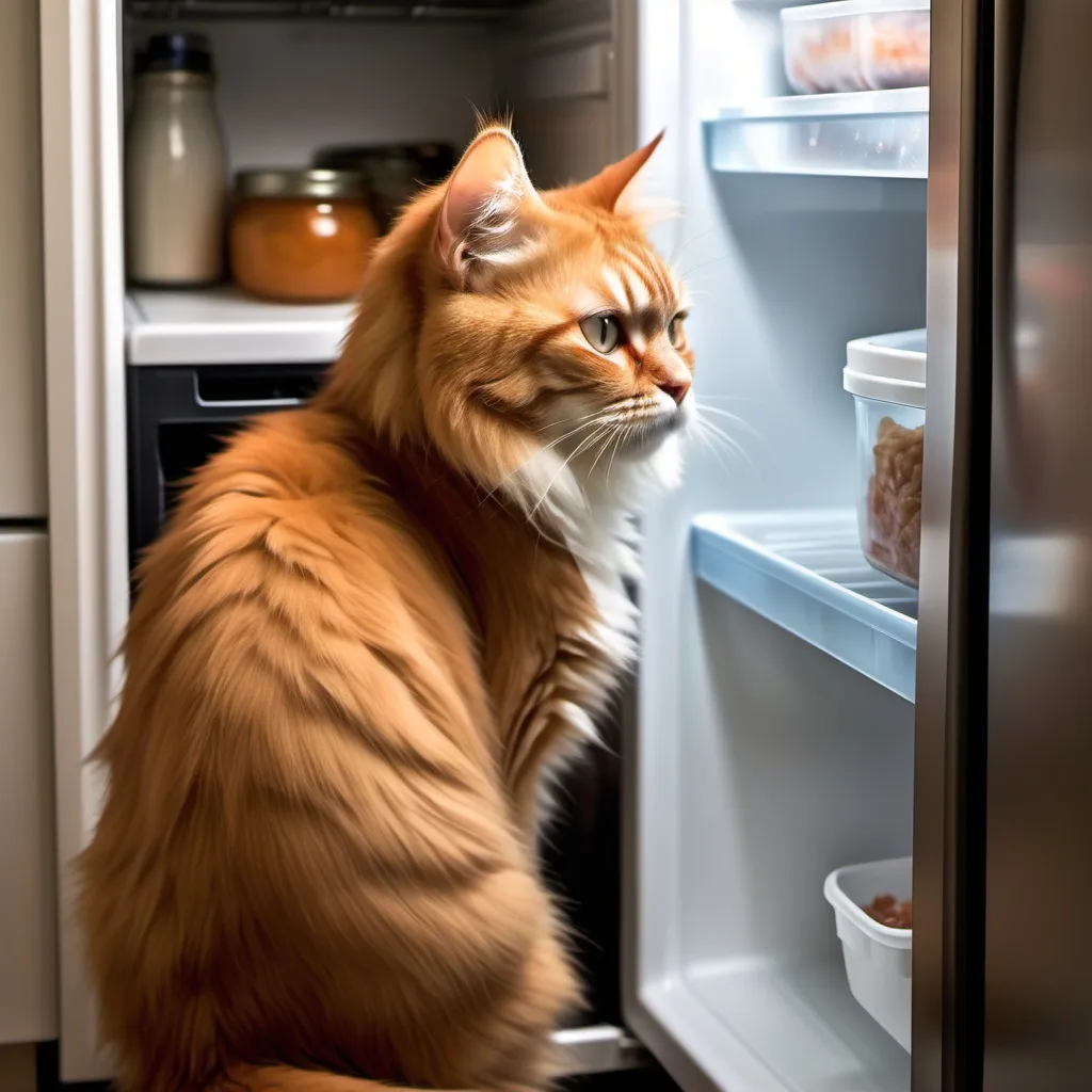 Prompt: A fluffy, plump ginger feline gazes longingly into the refrigerator's cold, empty depths. The blurry reflection in the fridge door hints a sad story of an absent tuna, or empty treat pouch