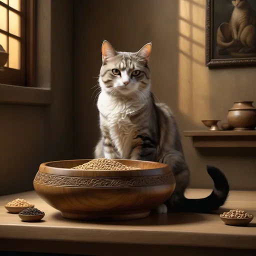 Prompt: (cats), (in the style of da Vinci), a cat elegantly posed in a serene indoor space, cloth textures and wood tones creating warmth, a finely crafted bowl with dry food, soft chiaroscuro lighting illuminating feline features, high level of detail, classical composition, artsy ambiance, ultra-detailed, rich colors.