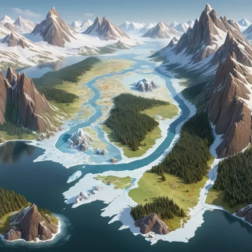 Prompt: a large map with .land ,forest mountains,hills ,sea deasert,frozen ,baren land,rock area

