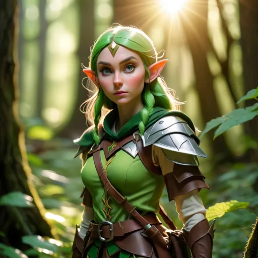 Prompt: Elf ranger in a mystical forest around sunlight