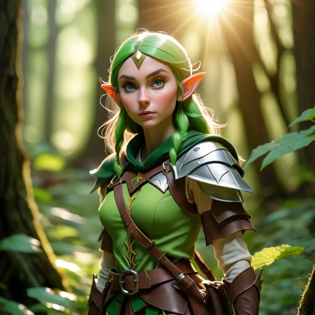 Prompt: Elf ranger in a mystical forest around sunlight