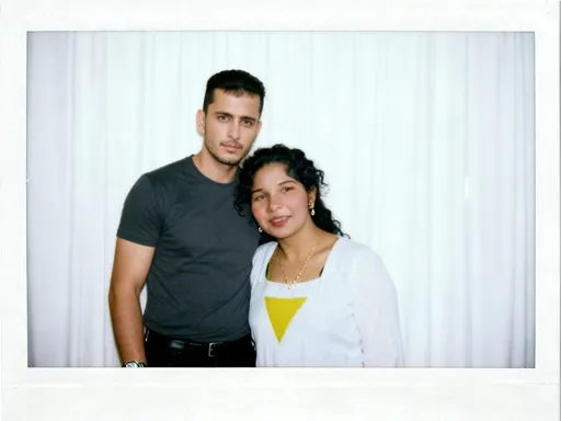 Prompt: "Take a picture with a Polaroid camera.
The photo should look like a normal photo, without any clear subjects or props. The photo should have a slight blur effect and a consistent light source, such as a flash from a dark room, spread throughout the photo. Do not change the faces. keep my skin tone and flaws intact, realistic, no over smoothening or filter being added.
Replace the background behind the two people with a white curtain. With the guy being close to me like a couple, make it romantic or cute. Keep my 100%same as the reference imagen