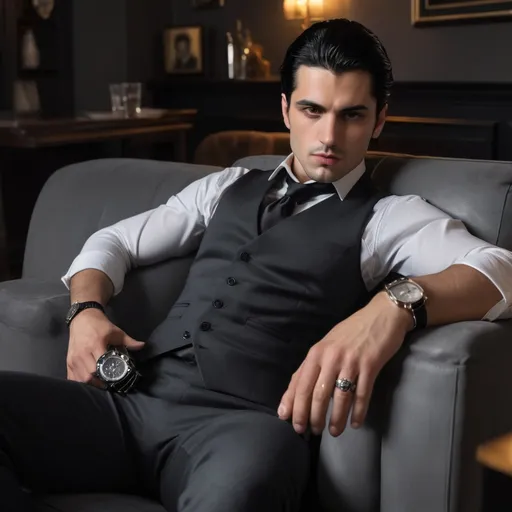 Prompt: An attractive mafia guy who has no beard at all, is young, has very black hair, a black suit, and a bright gray vest, is reclining on the sofa, is very proud, has a sharp gaze, a watch in his hand, and his hand is on his jaw, and the angle of his jaw and black eyes are full of lust, alcohol, and sharp.