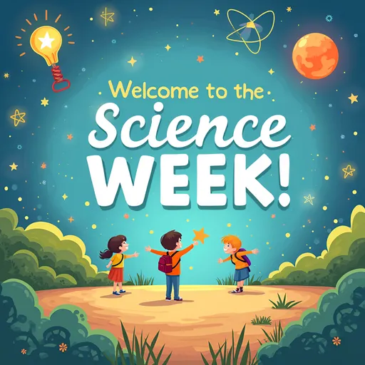 Prompt: A virtual background for the Science week in Genuine School. Colorful, for kids, with the title 'Welcome to the Science Week!'. With a size of 1920 x 1080 pixels.