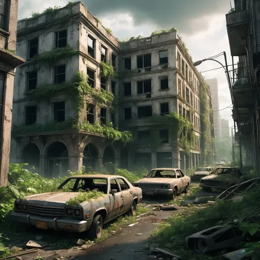 Prompt: Create a zoomed out scene of a post-apocalyptic city with ruined buildings overgrown with lush vegetation. The streets are littered with wrecked cars, and nature is slowly reclaiming the urban landscape. The atmosphere is eerie yet beautiful, with sunlight breaking through the clouds, casting a haunting glow over the crumbling structures and thriving greenery.